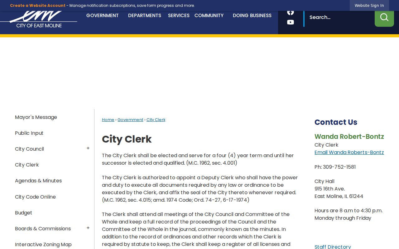 East Moline City Clerk municipal records page