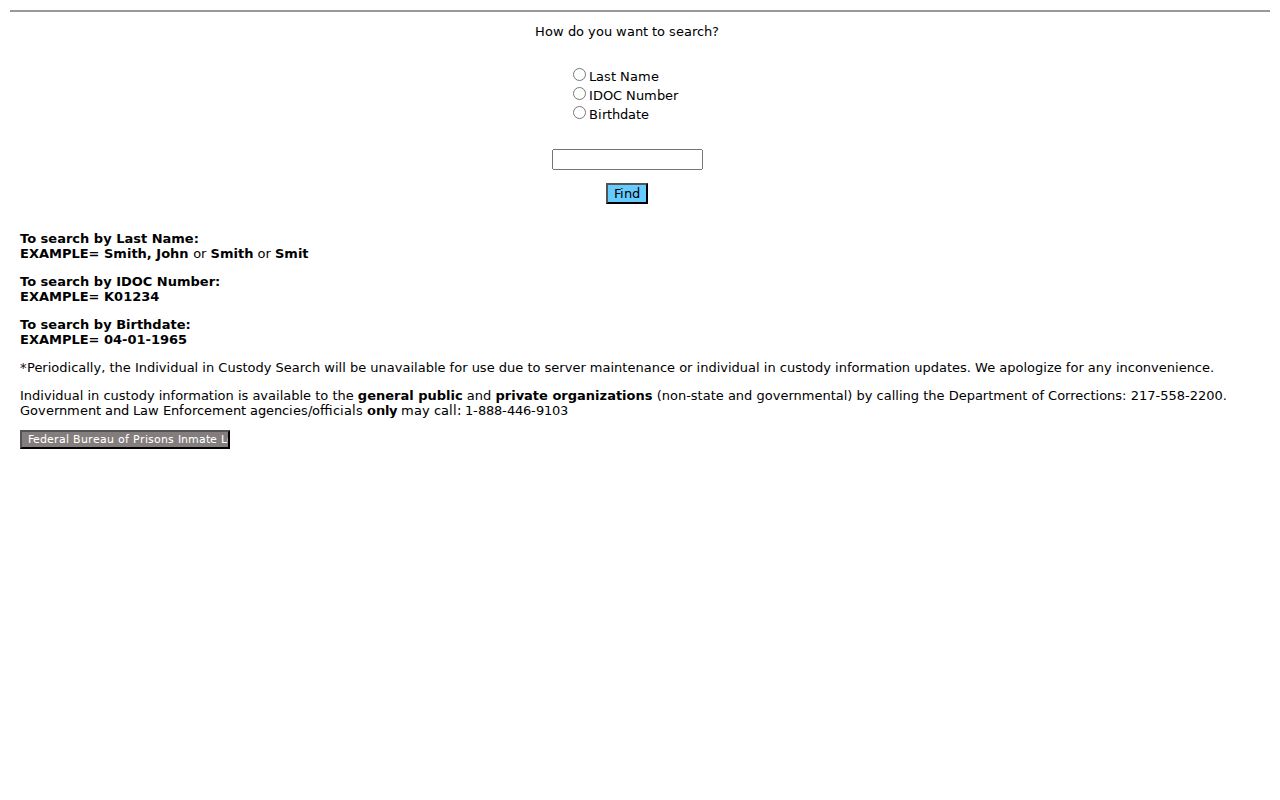 Illinois Department of Corrections search for a defined custody record