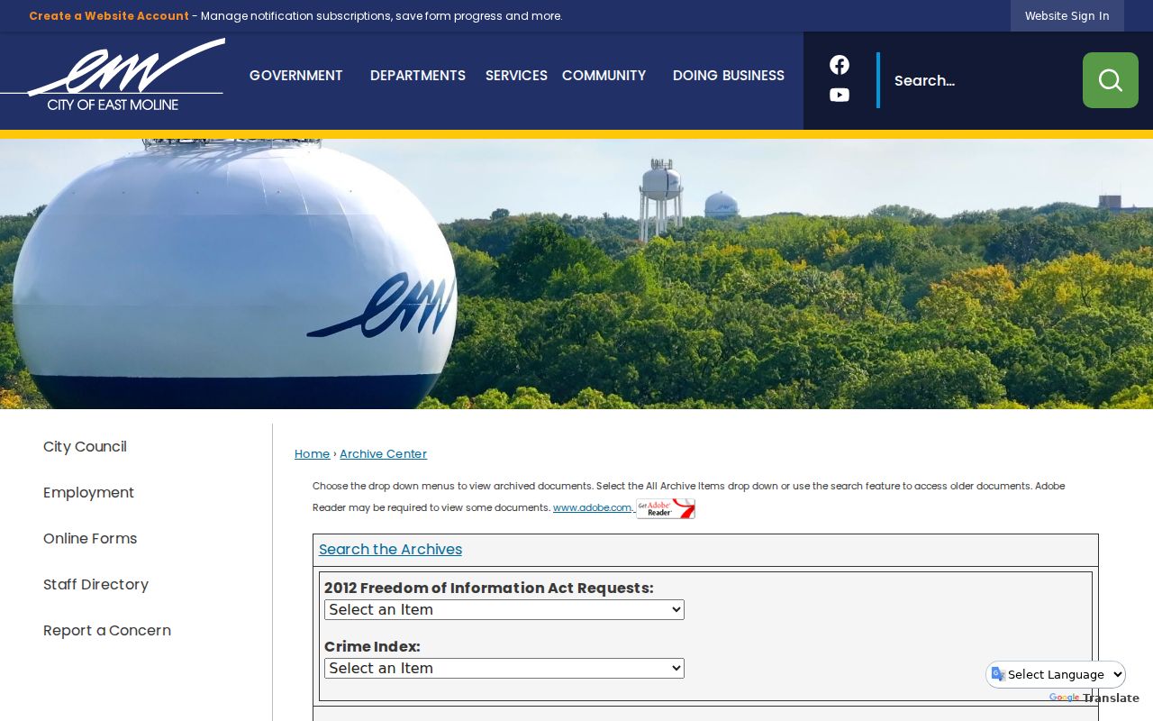 East Moline city archive keyword and date search controls