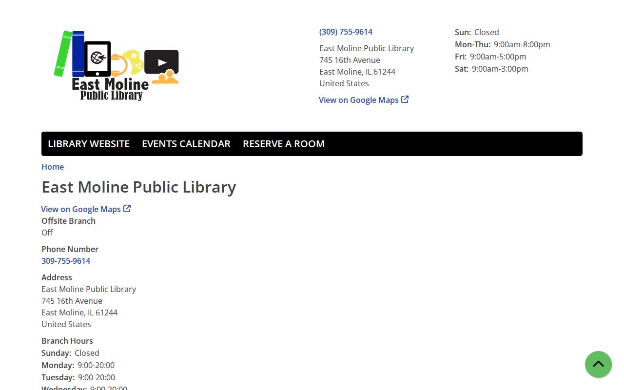 East Moline Public Library branch hours and contact listing