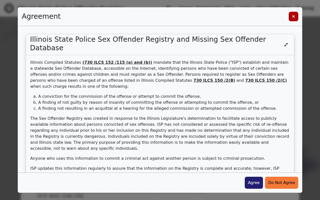 Illinois State Police registry disclaimer for a narrow East Moline name search